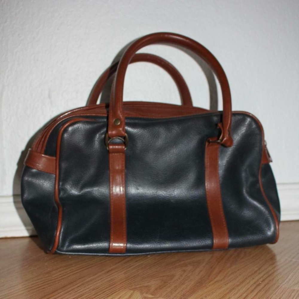 Leather Travel Bag in Navy and Brown - Picture 3 of 4